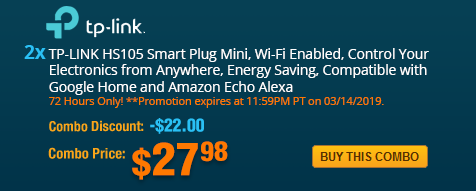 Combo: 2x - TP-LINK HS105 Smart Plug Mini, Wi-Fi Enabled, Control Your Electronics from Anywhere, Energy Saving, Compatible with Google Home and Amazon Echo Alexa.