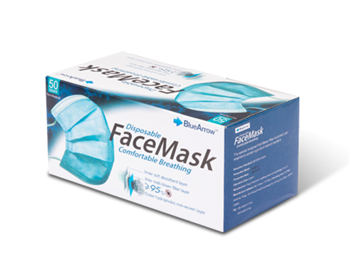 Blue Arrow Disposable 3-Layers Face Mask in Blue Color, Size: 6.10" x 4.13", 50 pcs per Box