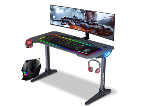 ESGAMING 47.3"  Ergonomic Gaming Desk w/ RGB LED Lights, T-Shaped Gamer Workstation w/ Cup Holder, Headphone Hook and More
