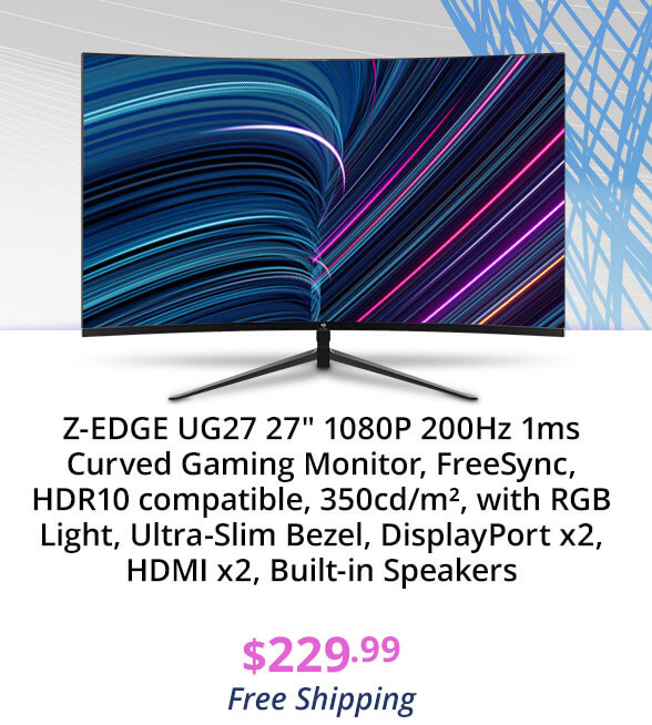 Z-EDGE UG27 27" 1080P 200Hz 1ms Curved Gaming Monitor, FreeSync, HDR10 compatible, 350cd/m², with RGB Light, Ultra-Slim Bezel, DisplayPort x2, HDMI x2, Built-in Speakers