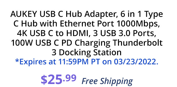 AUKEY USB C Hub Adapter, 6 in 1 Type C Hub with Ethernet Port 1000Mbps, 4K USB C to HDMI, 3 USB 3.0 Ports, 100W USB C PD Charging Thunderbolt 3 Docking Station