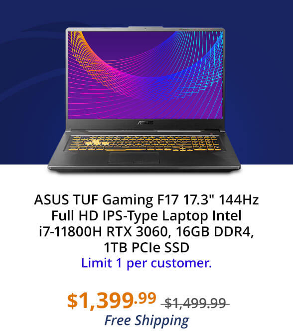 ASUS TUF Gaming F17 17.3" 144Hz Full HD IPS-Type Laptop Intel i7-11800H RTX 3060, 16GB DDR4, 1TB PCIe SSD