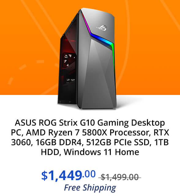 ASUS ROG Strix G10 Gaming Desktop PC, AMD Ryzen 7 5800X Processor, RTX 3060, 16GB DDR4, 512GB PCIe SSD, 1TB HDD, Windows 11 Home