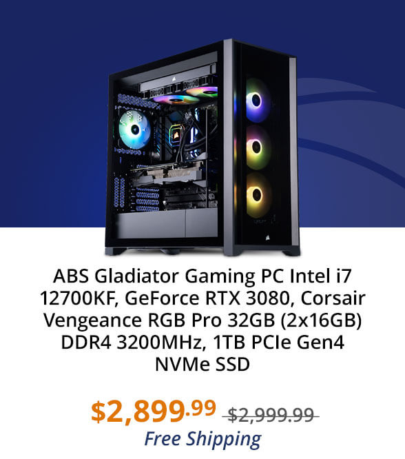 ABS Gladiator Gaming PC Intel i7 12700KF, GeForce RTX 3080, Corsair Vengeance RGB Pro 32GB (2x16GB) DDR4 3200MHz, 1TB PCIe Gen4 NVMe SSD
