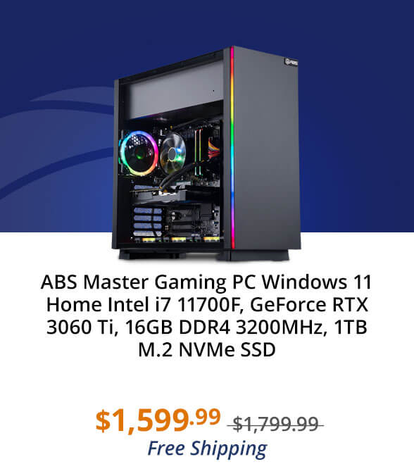 ABS Master Gaming PC Windows 11 Home Intel i7 11700F, GeForce RTX 3060 Ti, 16GB DDR4 3200MHz, 1TB M.2 NVMe SSD