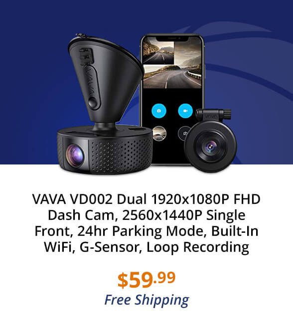 VAVA VD002 Dual 1920x1080P FHD Dash Cam, 2560x1440P Single Front, 24hr Parking Mode, Built-In WiFi, G-Sensor, Loop Recording