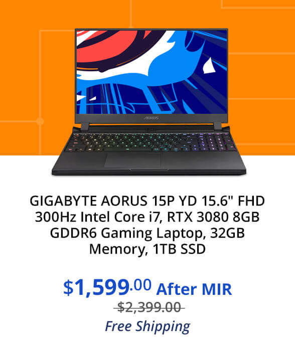 GIGABYTE AORUS 15P YD 15.6" FHD 300Hz Intel Core i7, RTX 3080 8GB GDDR6 Gaming Laptop, 32GB Memory, 1TB SSD