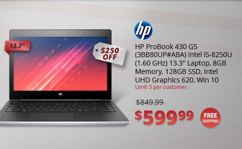 HP ProBook 430 G5 (3BB80UP#ABA) Intel i5-8250U (1.60 GHz) 13.3" Laptop, 8GB Memory, 128GB SSD, Intel UHD Graphics 620, Win 10