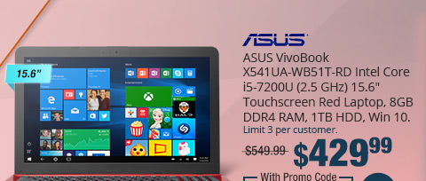 ASUS VivoBook X541UA Intel Core i5-7200U (2.5 GHz) 15.6" Touchscreen Red Laptop, 8GB DDR4 RAM, 1TB HDD, Windows 10