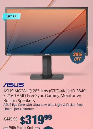 ASUS MG28UQ 28" 1ms (GTG) 4K UHD 3840 x 2160 AMD FreeSync Gaming Monitor w/ Built-in Speakers