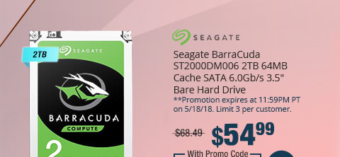 Seagate BarraCuda ST2000DM006 2TB 64MB Cache SATA 6.0Gb/s 3.5" Bare Hard Drive