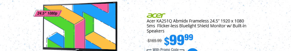 Acer KA251Q Abmidx Frameless 24.5�� 1920 x 1080 5ms  Flicker-less Bluelight Shield Monitor w/ Built-in Speakers
