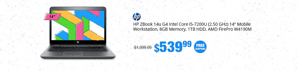 HP ZBook 14u G4 Intel Core i5-7200U (2.50 GHz) 14" Mobile Workstation, 8GB Memory, 1TB HDD, AMD FirePro W4190M