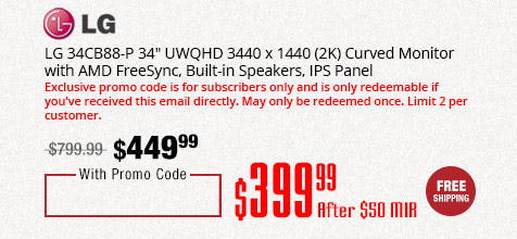 LG 34CB88-P 34" UWQHD 3440 x 1440 (2K) Curved Monitor with AMD FreeSync, Built-in Speakers, IPS Panel