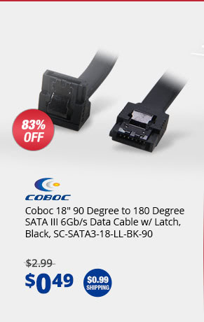 Coboc 18" 90 Degree to 180 Degree SATA III 6Gb/s Data Cable w/ Latch, Black, SC-SATA3-18-LL-BK-90