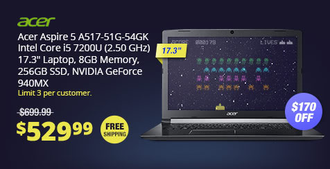 Acer Aspire 5 A517-51G-54GK Intel Core i5 7200U (2.50 GHz) 17.3" Laptop, 8GB Memory, 256GB SSD, NVIDIA GeForce 940MX