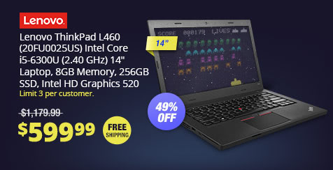 Lenovo ThinkPad L460 (20FU0025US) Intel Core i5-6300U (2.40 GHz) 14" Laptop, 8GB Memory, 256GB SSD, Intel HD Graphics 520