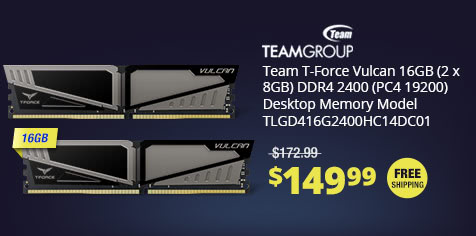 Team T-Force Vulcan 16GB (2 x 8GB) DDR4 2400 (PC4 19200) Desktop Memory Model TLGD416G2400HC14DC01
