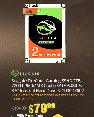 Seagate FireCuda Gaming SSHD 2TB 7200 RPM 64MB Cache SATA 6.0Gb/s 3.5" Internal Hard Drive ST2000DX002