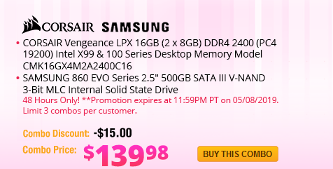 Combo: CORSAIR Vengeance LPX 16GB (2 x 8GB) DDR4 2400 (PC4 19200) Intel X99 & 100 Series Desktop Memory Model CMK16GX4M2A2400C16. SAMSUNG 860 EVO Series 2.5" 500GB SATA III V-NAND 3-Bit MLC Internal Solid State Drive.