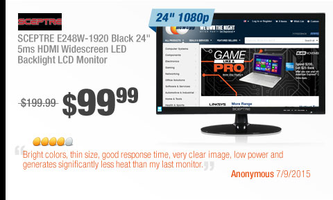 SCEPTRE E248W-1920 Black 24" 5ms HDMI Widescreen LED Backlight LCD Monitor