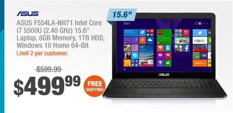 ASUS F554LA-NH71 Intel Core i7 5500U (2.40 GHz) 15.6" Laptop, 8GB Memory, 1TB HDD, Windows 10 Home 64-Bit