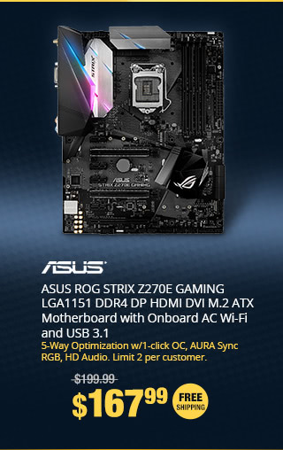 ASUS ROG STRIX Z270E GAMING LGA1151 DDR4 DP HDMI DVI M.2 ATX Motherboard with Onboard AC Wi-Fi and USB 3.1