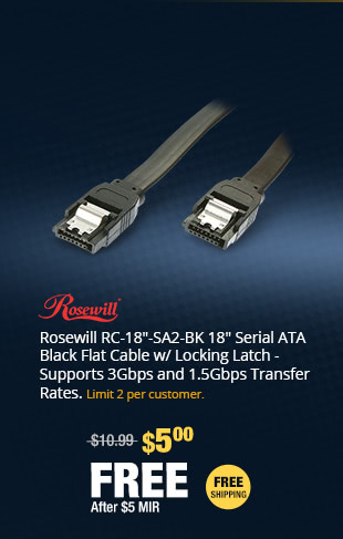 Rosewill RC-18"-SA2-BK 18" Serial ATA Black Flat Cable w/ Locking Latch - Supports 3Gbps and 1.5Gbps Transfer Rates