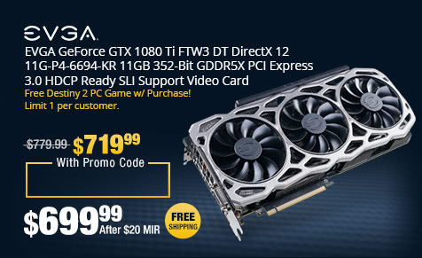 EVGA GeForce GTX 1080 Ti FTW3 DT DirectX 12 11G-P4-6694-KR 11GB 352-Bit GDDR5X PCI Express 3.0 HDCP Ready SLI Support Video Card