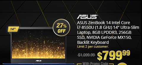 ASUS ZenBook 14 Intel Core i7-8550U (1.8 GHz) 14" Ultra-Slim Laptop, 8GB LPDDR3, 256GB SSD, NVIDIA GeForce MX150, Backlit Keyboard