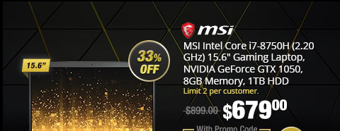 MSI Intel Core i7-8750H (2.20 GHz) 15.6" Gaming Laptop, NVIDIA GeForce GTX 1050, 8GB Memory, 1TB HDD
