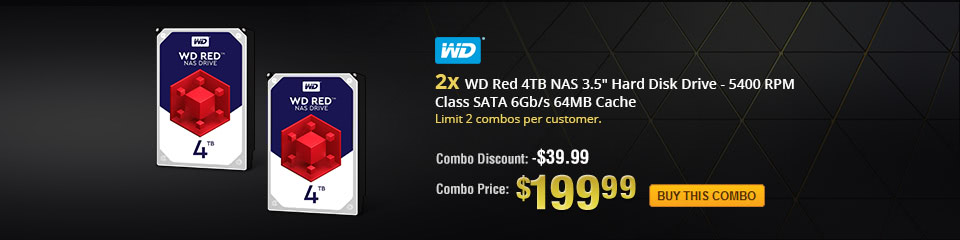 Combo: 2x - WD Red 4TB NAS 3.5" Hard Disk Drive - 5400 RPM Class SATA 6Gb/s 64MB Cache