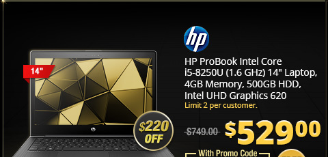 HP ProBook Intel Core i5-8250U (1.6 GHz) 14" Laptop, 4GB Memory, 500GB HDD, Intel UHD Graphics 620