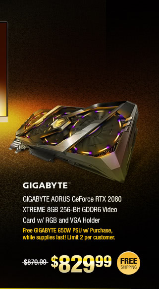 GIGABYTE AORUS GeForce RTX 2080 XTREME 8GB 256-Bit GDDR6 Video Card w/ RGB and VGA Holder