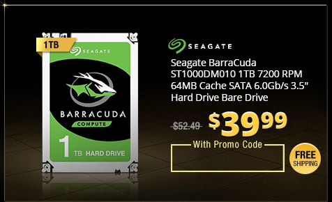 Seagate BarraCuda ST1000DM010 1TB 7200 RPM 64MB Cache SATA 6.0Gb/s 3.5" Hard Drive Bare Drive