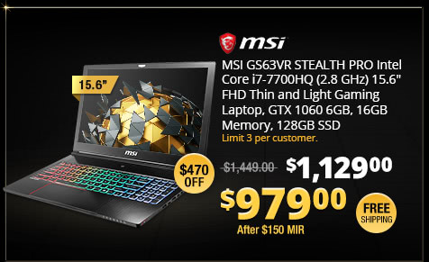 MSI GS63VR STEALTH PRO Intel Core i7-7700HQ (2.8 GHz) 15.6" FHD Thin and Light Gaming Laptop, GTX 1060 6GB, 16GB Memory, 128GB SSD