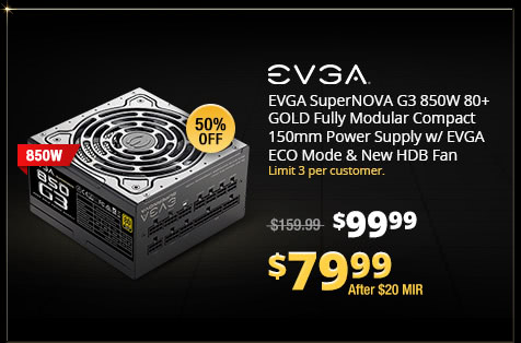EVGA SuperNOVA G3 850W 80+ GOLD Fully Modular Compact 150mm Power Supply w/ EVGA ECO Mode & New HDB Fan