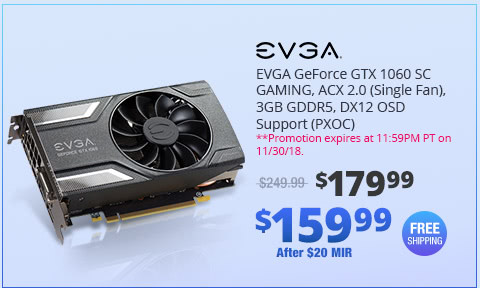 EVGA GeForce GTX 1060 SC GAMING, ACX 2.0 (Single Fan), 3GB GDDR5, DX12 OSD Support (PXOC)