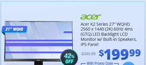 Acer K2 Series 27" WQHD 2560 x 1440 (2K) 60Hz 4ms (GTG) LED Backlight LCD Monitor w/ Built-in Speakers, IPS Panel