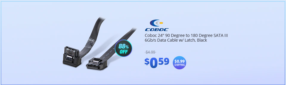 Coboc 24" 90 Degree to 180 Degree SATA III 6Gb/s Data Cable w/ Latch, Black
