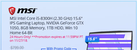 MSI Intel Core i5-8300H (2.30 GHz) 15.6" IPS Gaming Laptop, NVIDIA GeForce GTX 1050, 8GB Memory, 1TB HDD, Win 10 Home 64-Bit
