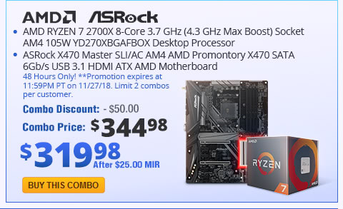 1. AMD RYZEN 7 2700X 8-Core 3.7 GHz (4.3 GHz Max Boost) Socket AM4 105W YD270XBGAFBOX Desktop Processor; 2.ASRock X470 Master SLI/AC AM4 AMD Promontory X470 SATA 6Gb/s USB 3.1 HDMI ATX AMD Motherboard