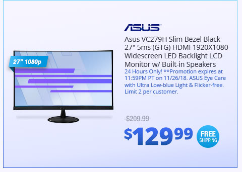 Asus VC279H Slim Bezel Black 27" 5ms (GTG) HDMI 1920X1080 Widescreen LED Backlight LCD Monitor w/ Built-in Speakers