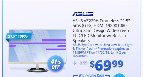 ASUS VZ229H Frameless 21.5" 5ms (GTG) HDMI 1920X1080 Ultra-Slim Design Widescreen LCD/LED Monitor w/ Built-in Speakers