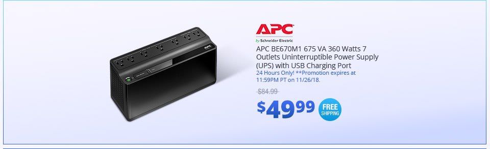 APC BE670M1 675 VA 360 Watts 7 Outlets Uninterruptible Power Supply (UPS) with USB Charging Port