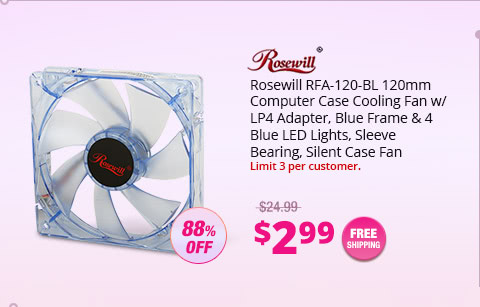 Rosewill RFA-120-BL 120mm Computer Case Cooling Fan w/ LP4 Adapter, Blue Frame & 4 Blue LED Lights, Sleeve Bearing, Silent Case Fan