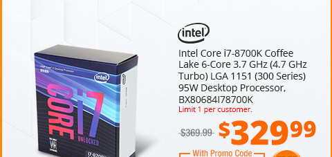 Intel Core i7-8700K Coffee Lake 6-Core 3.7 GHz (4.7 GHz Turbo) LGA 1151 (300 Series) 95W Desktop Processor, BX80684I78700K