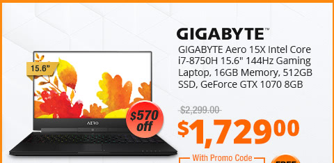 GIGABYTE Aero 15X Intel Core i7-8750H 15.6" 144Hz Gaming Laptop, 16GB Memory, 512GB SSD, GeForce GTX 1070 8GB