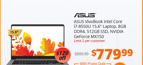 ASUS VivoBook Intel Core i7-8550U 15.6" Laptop, 8GB DDR4, 512GB SSD, NVIDIA GeForce MX150