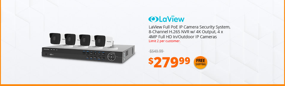 LaView Full PoE IP Camera Security System, 8-Channel H.265 NVR w/ 4K Output, 4 x 4MP Full HD In/Outdoor IP Cameras